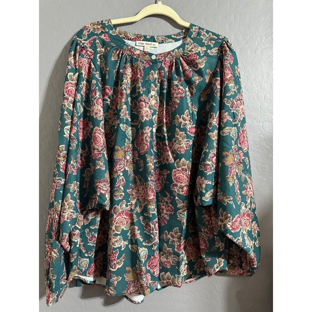 Indigo Thread CO. Women's Floral Button Down wide Sleeve Top Size XL NWOT